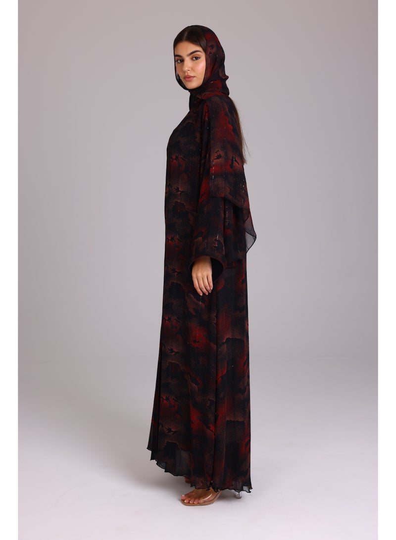 IKKXA Modern Shadow Prints Elegant Red Abaya ABY1206 Red - Image 3